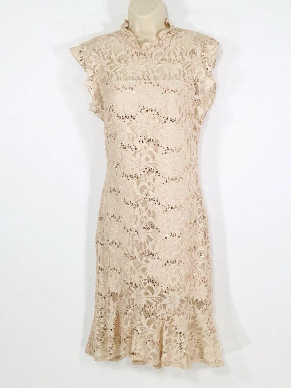 Alexa B Nites Lacey Midi Dress Sz 8P Flutter Sleeve Sequin Dainty Fairy Whimsy
